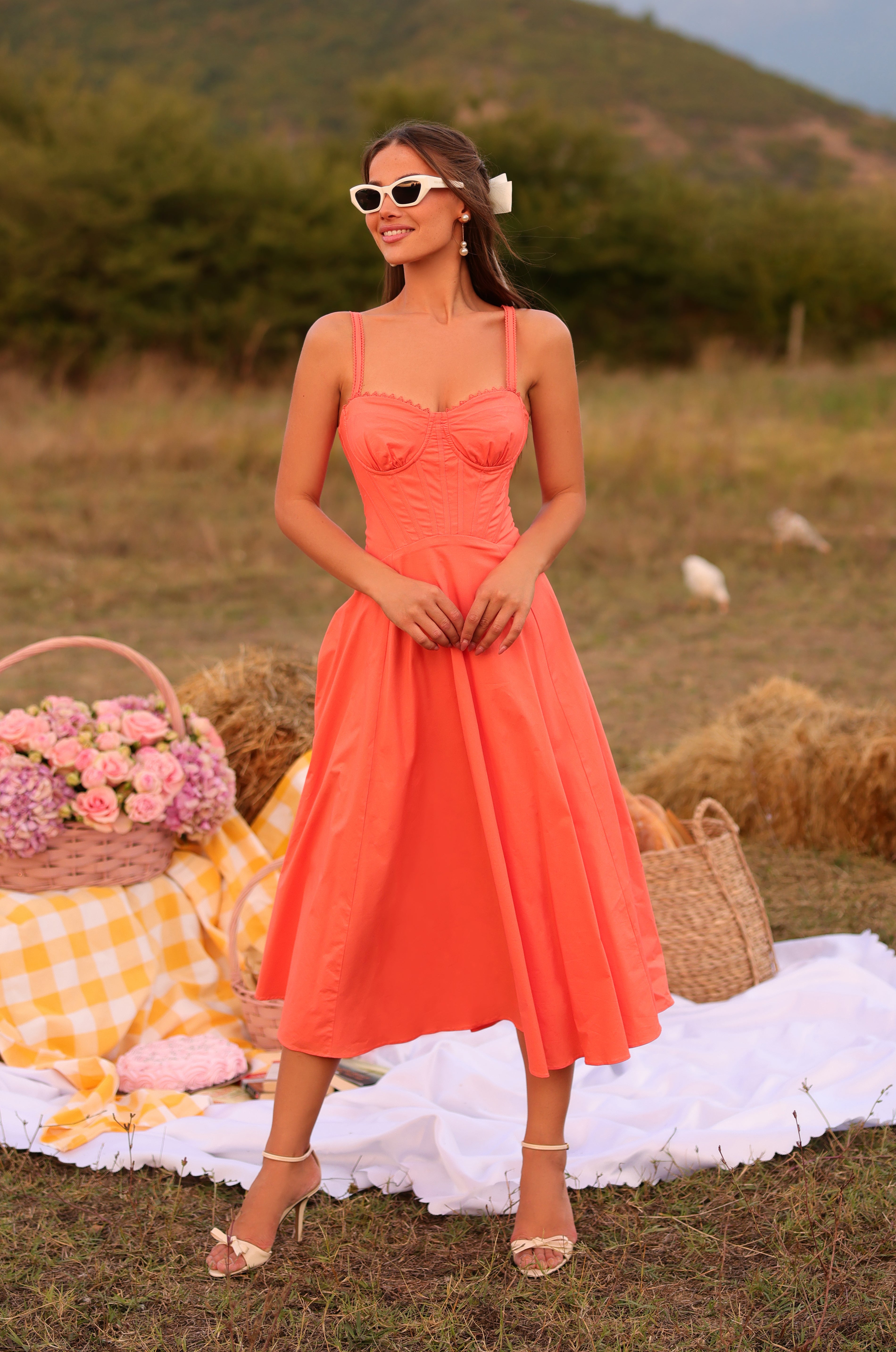 Papaya punch corset midi dress with sweetheart neckline